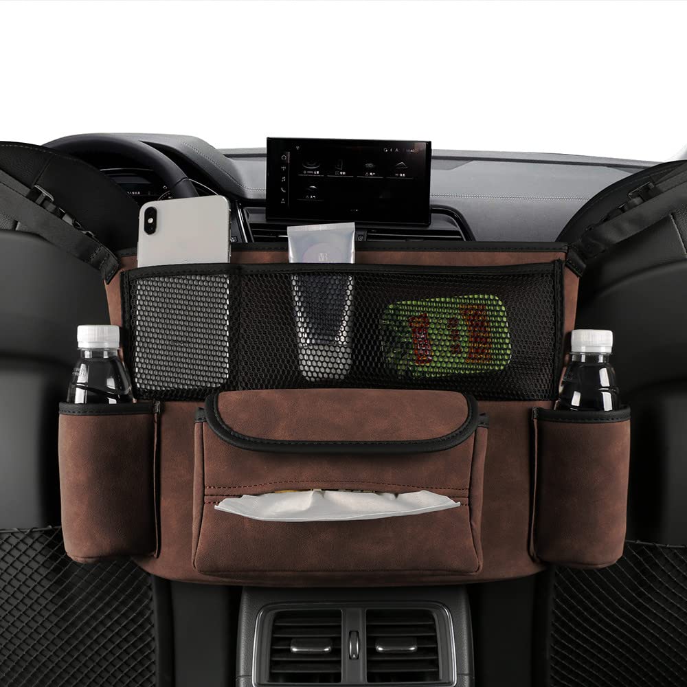 Qirc Brown Car Purse Handbag Holder Between Seats, Suede Car Seat Storage Organizer, Durable Hanging Large Capacity Front Seat Storage Bag (Brown)
