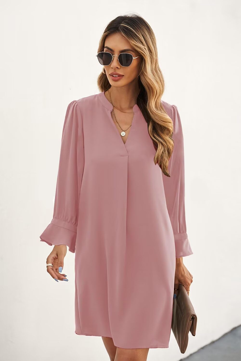 QACOHU Fall Dresses for Women 2026 Casual V Neck Long Sleeves Flowy Mini Tunic Dress - Image 2