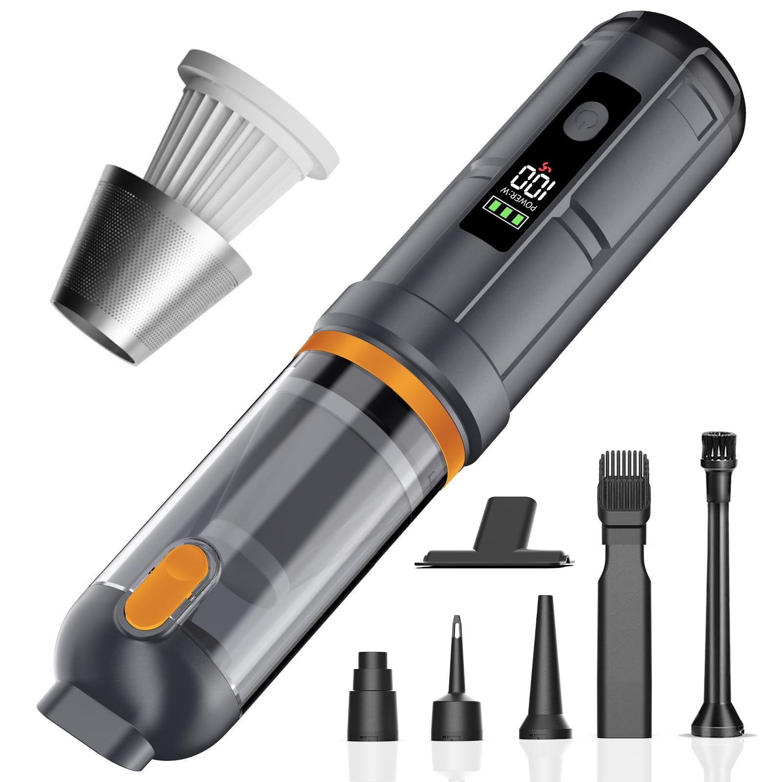 Car Vacuum Cleaner, 4-in-1 Mini Cordless Handheld Vacuum with 24000Pa Suction, 3 Suction Modes, Type-C Charge Portable Small Vacuum with One-Touch Cleaning for Home Office Desk Keyboards Pet (Orange)
