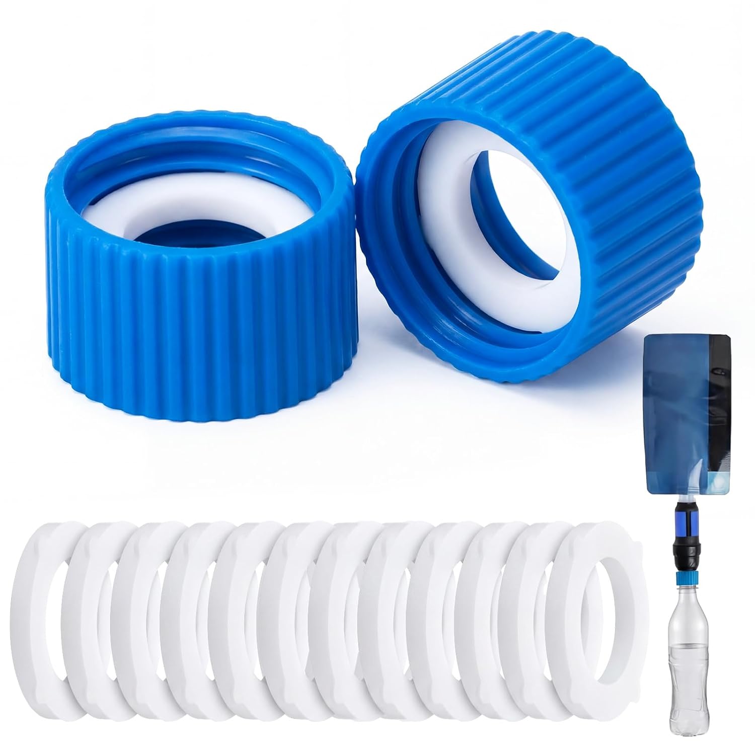 Gerrii 4 Pcs Water Filter Coupling Kit Compatible with SP150, 28 mm Threaded Filtration Couplings for Standard Plastic Bottles, Cleaning Couplers with Gasket Seals for Hiking, Camping (Blue)