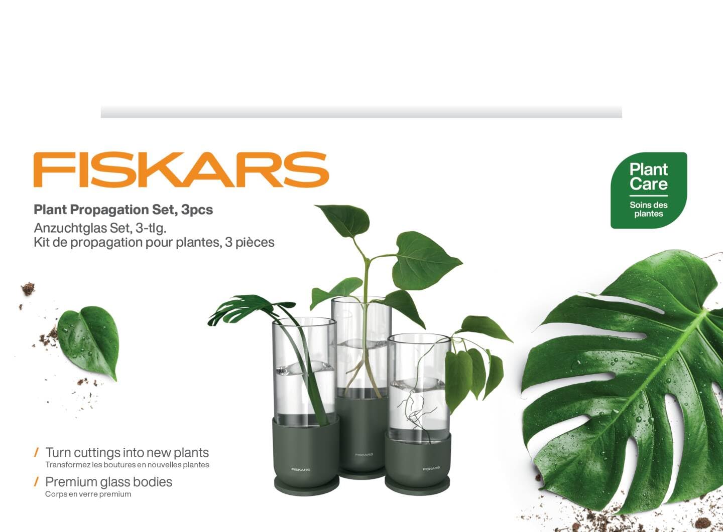 Fiskars Urban Plant Care Set de Pots de Culture, 3 Pcs | Pour la Propagation des Boutures, 3 Pots en Verre et 3 Supports en Métal, Vert Olive, 1080910