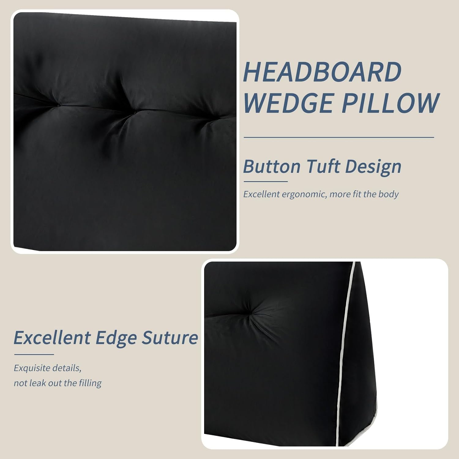 Headboard Wedge Pillows Full, Ergonomic Bed Triangular Headboard Pillow, Thickened Backrest Cushion for Reading in Dorm Bed Sofa, Black, 54in