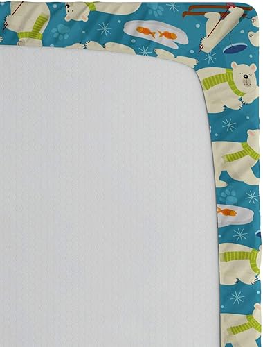 Miniatura 4 de Lunarable Juego de sábanas bajeras de dibujos animados, oso polar con bufanda, esquí y pesca en hielo, animales árticos, ropa de cama decorativa con