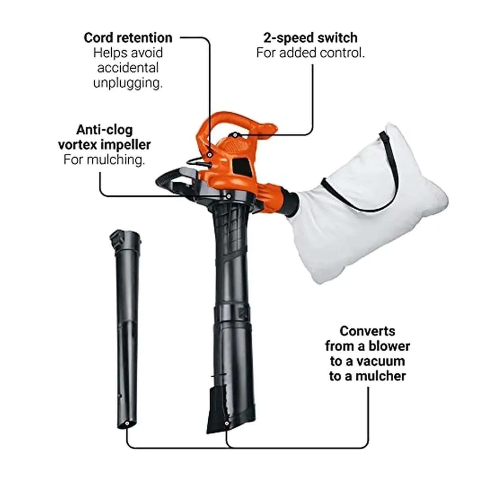 Soplador de Hojas, Soplador/Aspirador/triturador de Hojas eléctrico 3 en 1, Potencia 230 mph, Impulsor antiobstrucción, con Cable