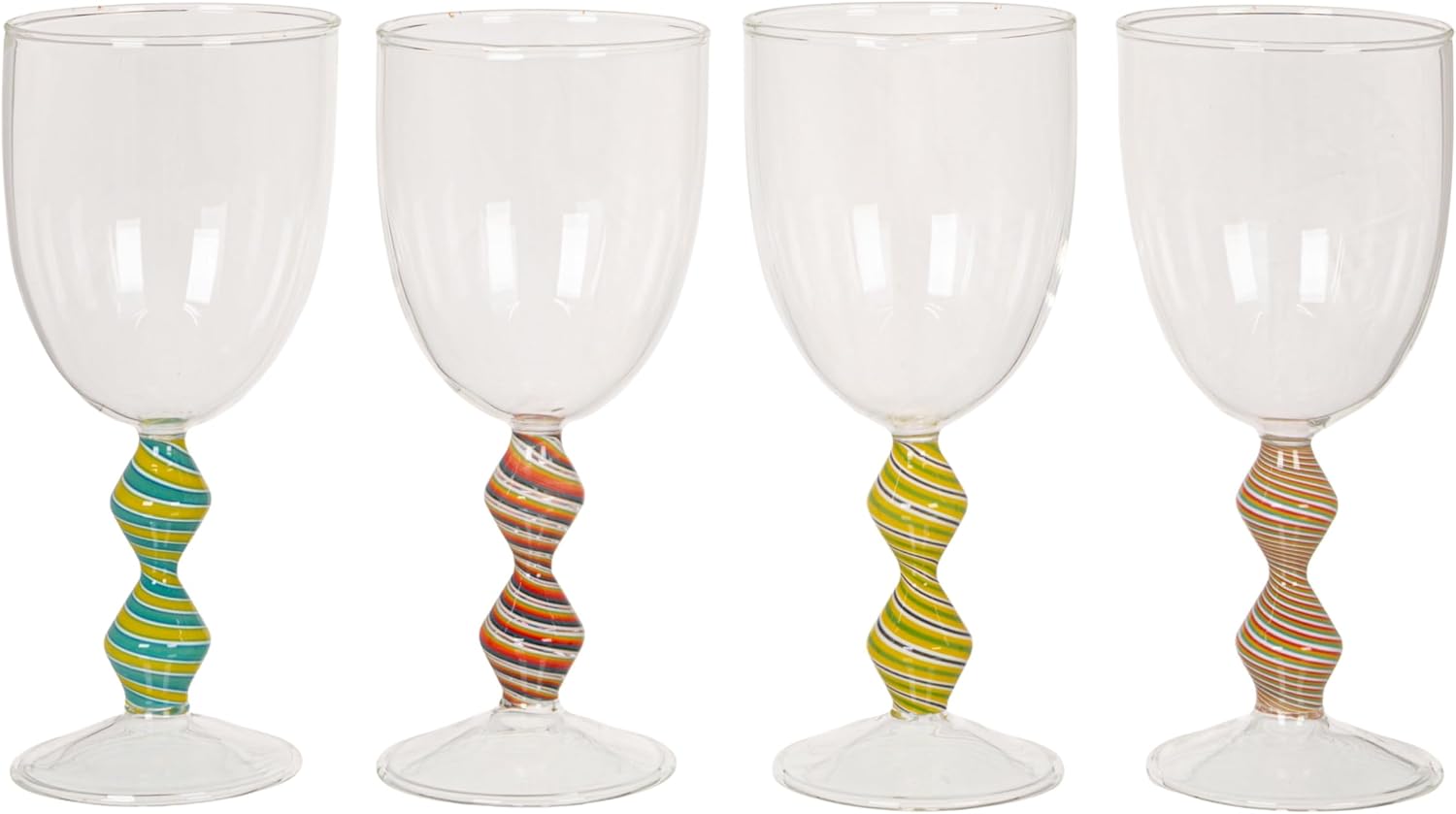 Creative Co-Op 4pcs. Hand-Blown Wine Glasses with Shaped and Striped Stems