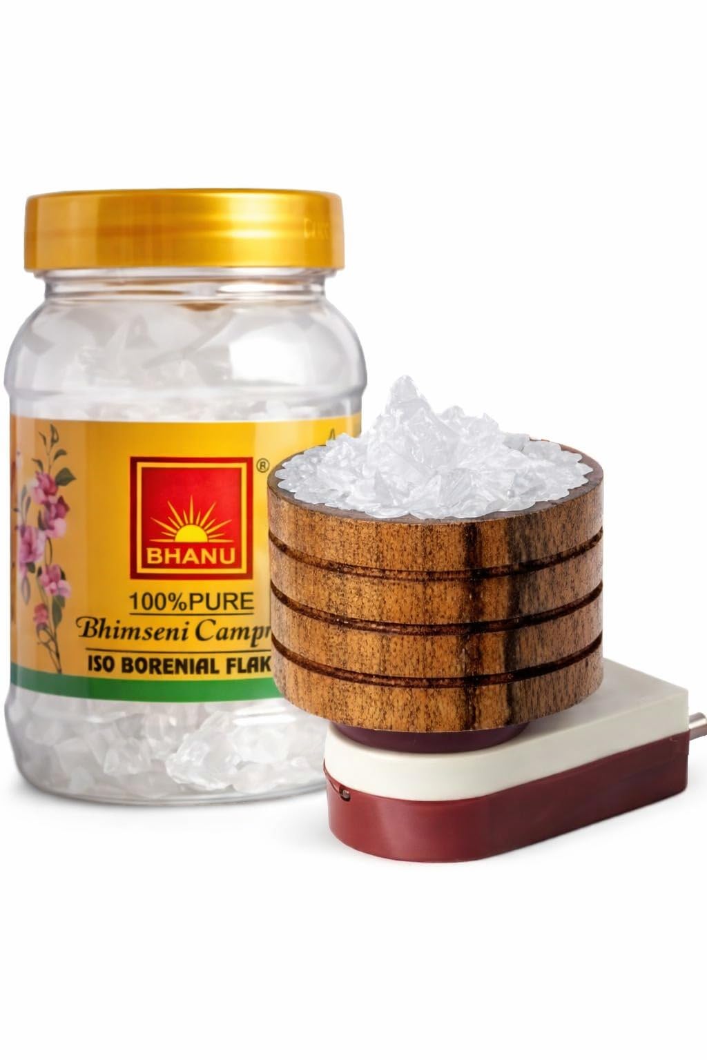 BHANU Wooden Camphor Burner with Bhimseni Camphor - 100gm Combo | Multipurpose Incense Aroma Dhoop Dani | Electric Incense Burner for Home, Office | Essential Oil Aroma Diffuser