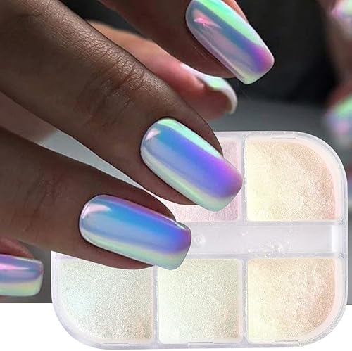 Miniatura 3 de Polvo de uñas cromado con efecto espejo metálico de 6 rejillas, pigmento aurora, brillo holográfico, iridiscente, polvo de manicura, esmalte de gel