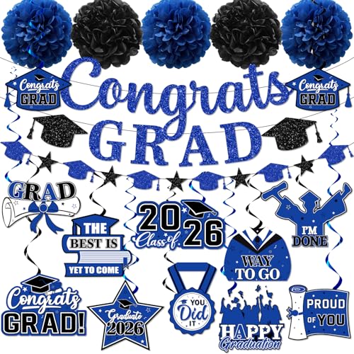 Blue Graduation Decorations Graduation Decorations Class Of 2026 Blue and Black Graduation Banner Congrats Grad Hanging Swirls for College Grad Party