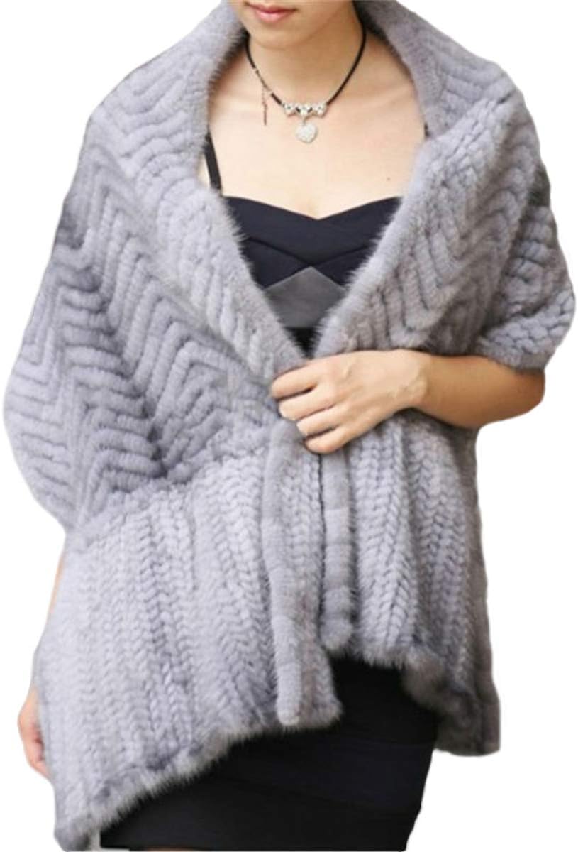 KAISHIN Elegant Knitted Mink Fur Wraps for Women Fashion Real Fur Shawls Striped Fur Long Scarves