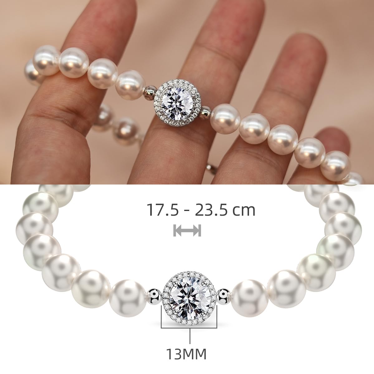 FEIKFEIZ Moissanit-Perlenarmband, 2CT laborgezüchteter Moissanit-Diamant, 18K vergoldet, verstellbares Armband aus Süßwasserperlen.