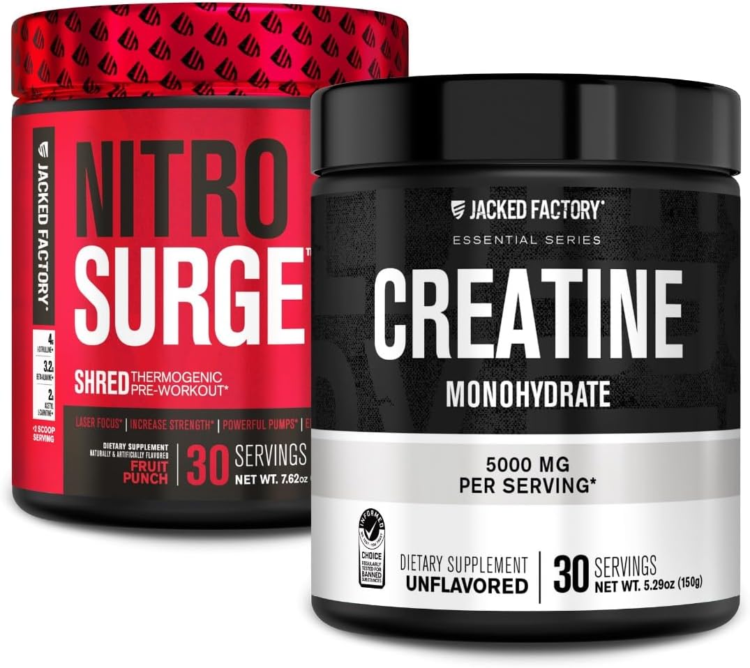Jacked Factory NITROSURGE Shred Pre Workout Supplement (Fruit Punch, 30 Servings) & Creatine Monohydrate Powder (Unflavored, 30 Servings)