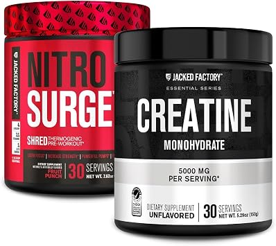 Jacked Factory NITROSURGE Shred Pre Workout Supplement Fruit Punch, 30 Servings & Creatine Monohydrate Powder Unflavored, 30 Servings