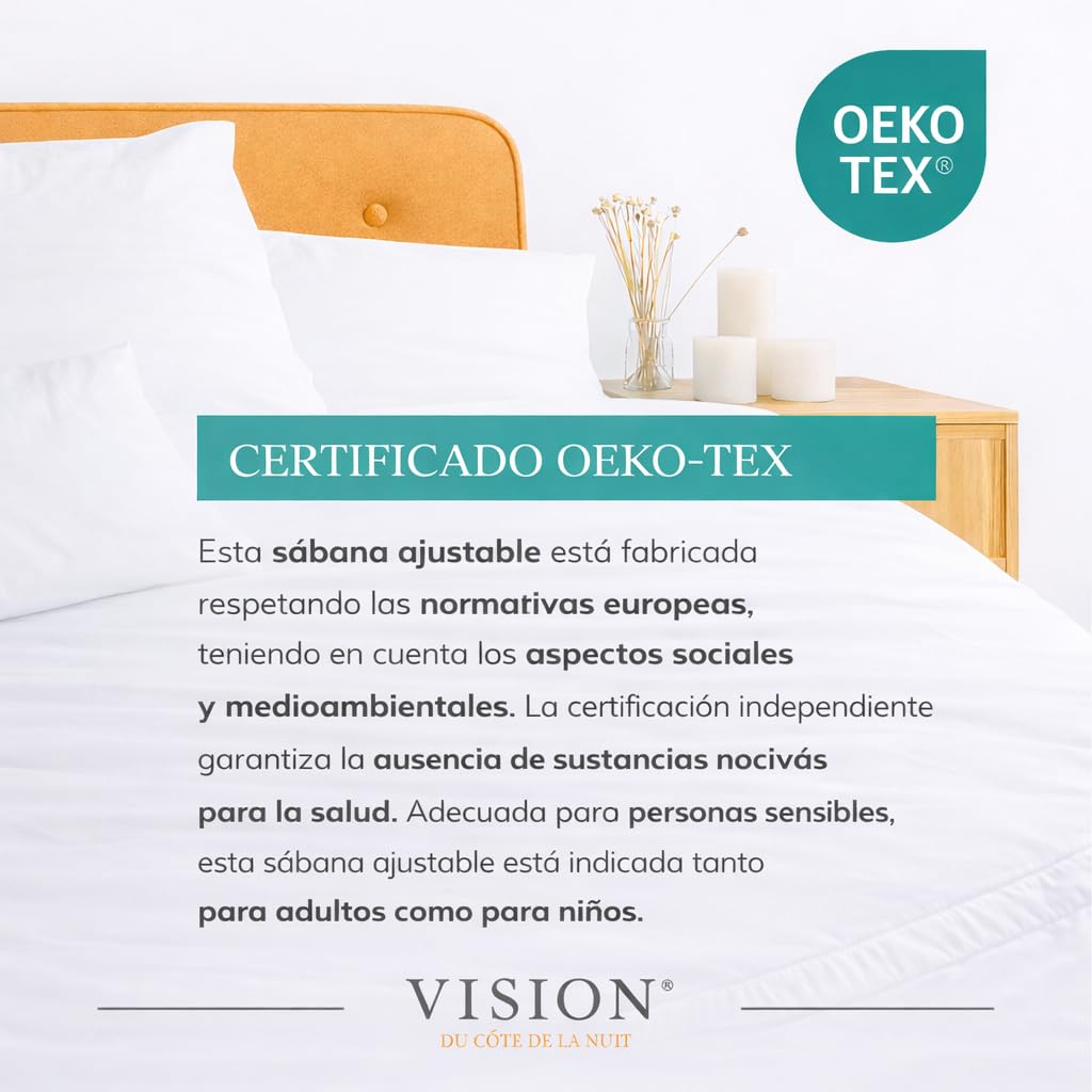 VISION Sábana Ajustable - 100% algodón - Cama Doble (150 x 200 cm) - Esquinas elásticas - Se Adapta a colchones de hasta 30 cm - Certificación Oeko-Tex - Lavable a máquina - Color: Blanco — view 4