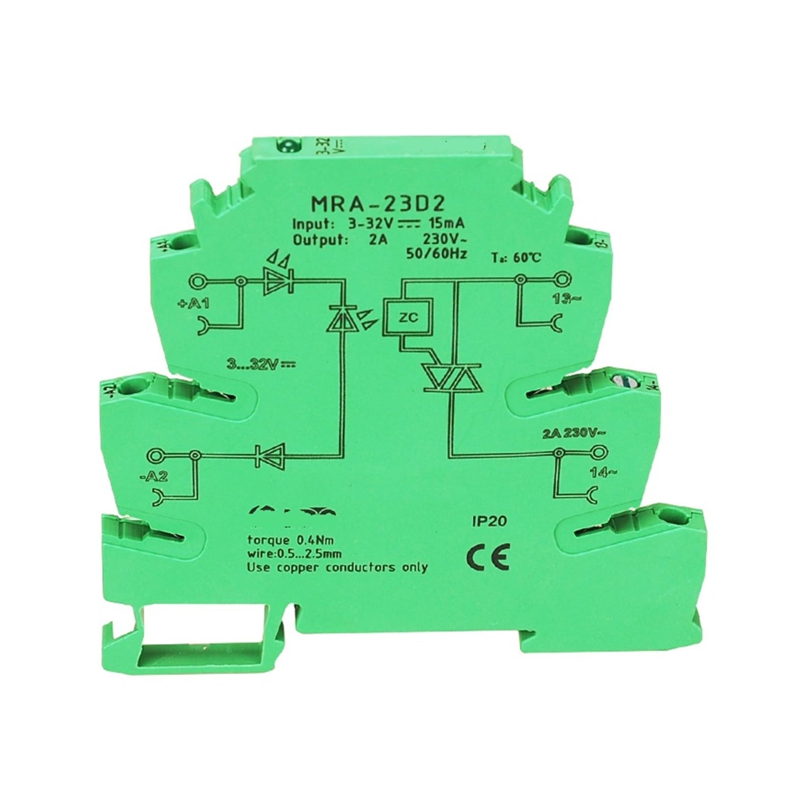 Relé de estado sólido SSR MRA-23D2 verde con conmutación silenciosa de 2 A y voltaje flexible 4