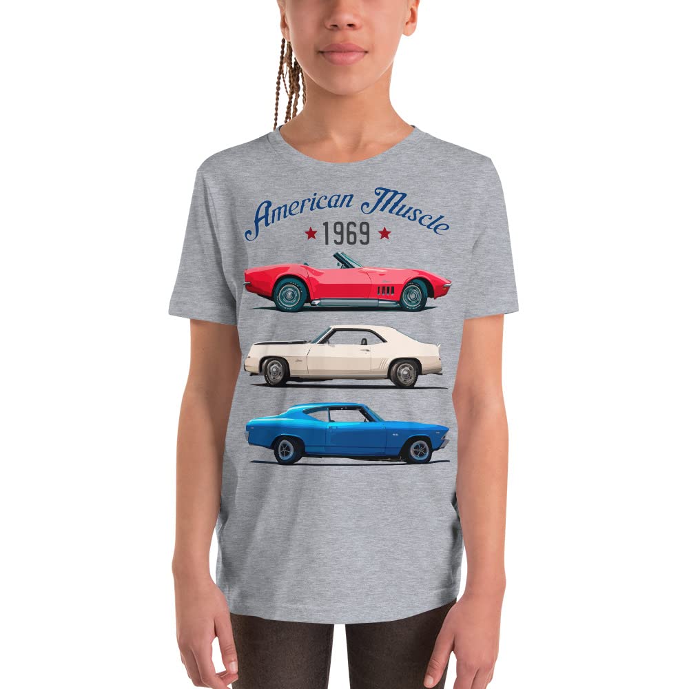 JG Infinite 1969 American Muscle Cars Chevy 'Vette Stingray Camaro Z28 Chevelle SS Youth Short Sleeve T-Shirt Athletic Heather