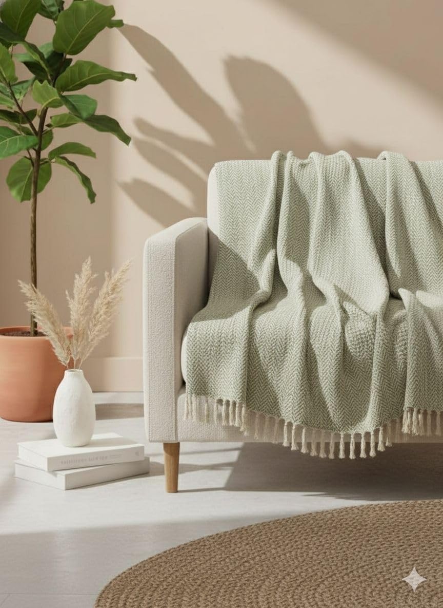 Zigzag Cotton Designer Sofa Throw with Side Lace – Soft Chair & Sofa Cover | 50 x 60 Inches | Decorative Home Furnishing (Green)-image-7
