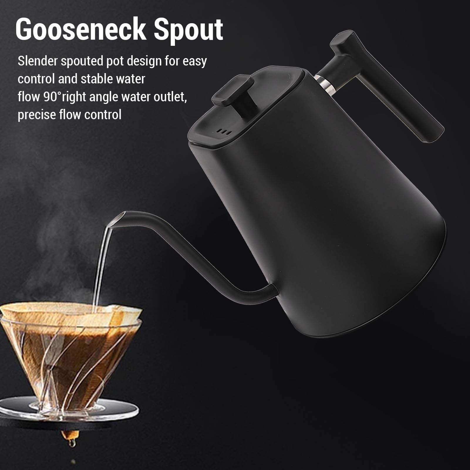 Yinhing Hervidor Eléctrico con Cuello de Cisne, Control de Temperatura, Pantalla LED de Acero Inoxidable 304, para Verter sobre café, Tetera, Negro Mate, 1200W, Preparación Precisa (Enchufe europeo