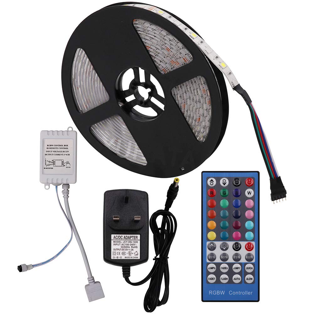 Gql Rgbww (Rgb+Warm White) 5M Rgbw Led Strip Remote Kit, Ip65 Waterproof, 5050 300 Units Self Adhesive Led Tape + 40 Keys Remote Controller + 12V 3A Power Supply (Rgb+ Warm White)