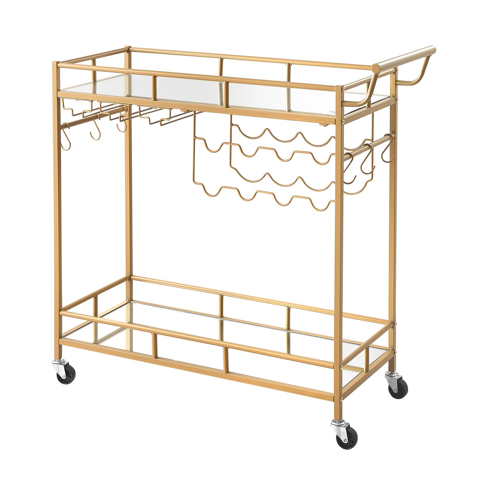 VEVOR Carro de Bebidas con Botellero de 2 Niveles, Carrito de Servicio con Ruedas y Asa, Estantes de Vidrio Espejado, Soporte para Copas, para Sala de Estar, Comedor, Cocina, 88x35x89 cm, Dorado