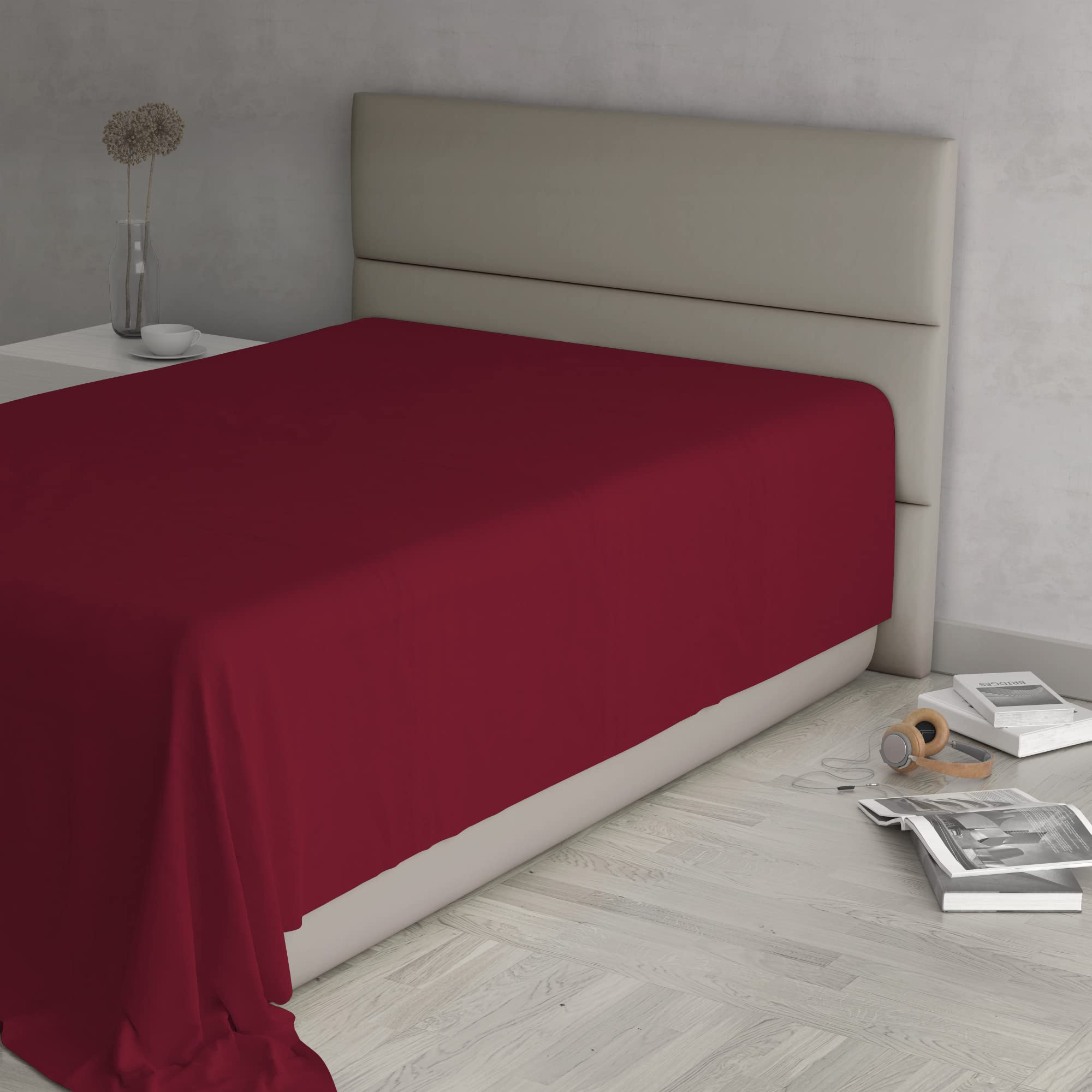 Italian Bed Linen Bordeaux Max Color Top Sheet, 100% Cotton, Plain, Queen Size 180 X 300 Cm