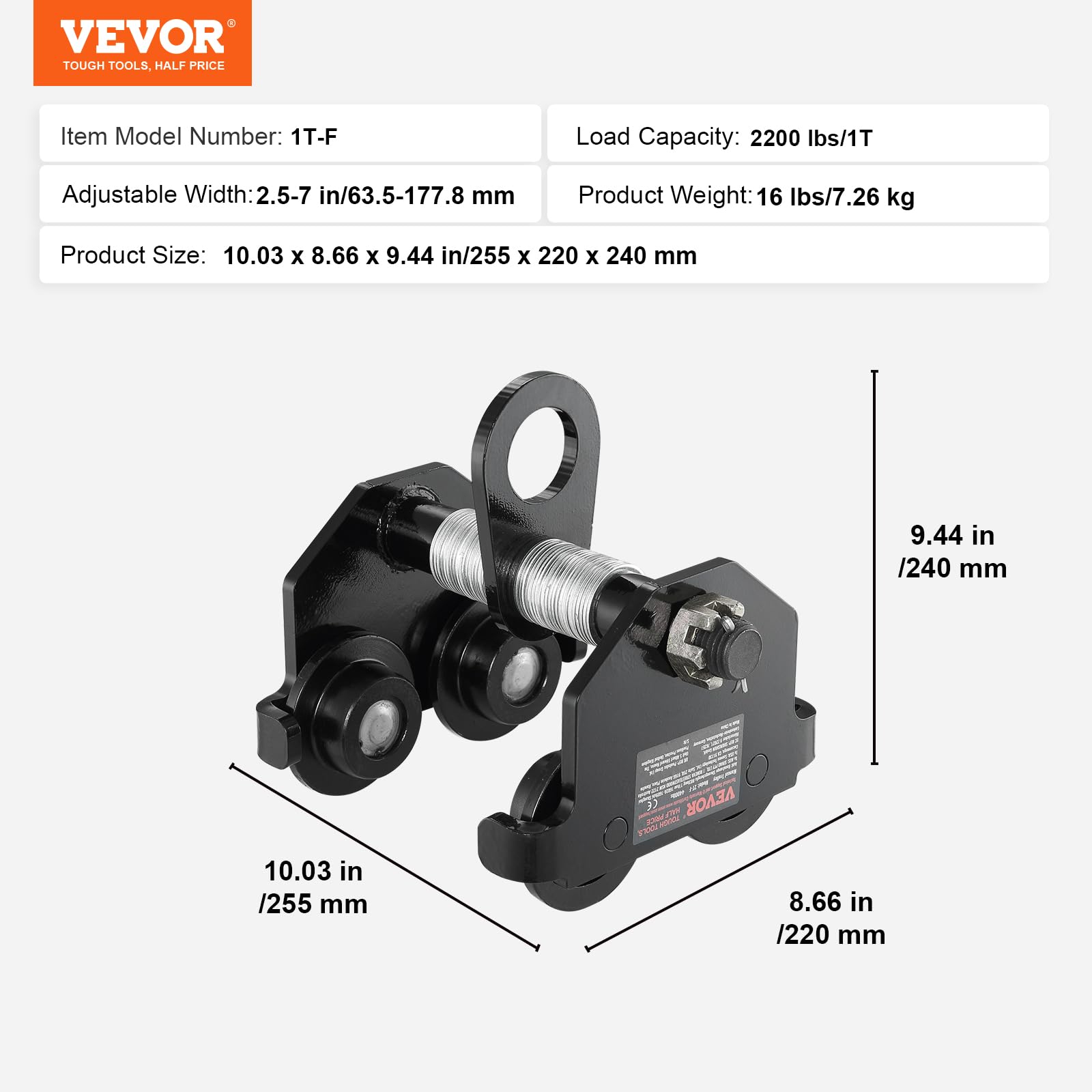 VEVOR Laufkatze 1Tonnen Tragfähigkeit Hallenkran 63,5-177,8mm Einstellbare Breite Kran 55x220x240mm Rollfahrwerk Doppelrad-Design Handfahrwerk für I- und H-Trägern Hallenkran Ladekran