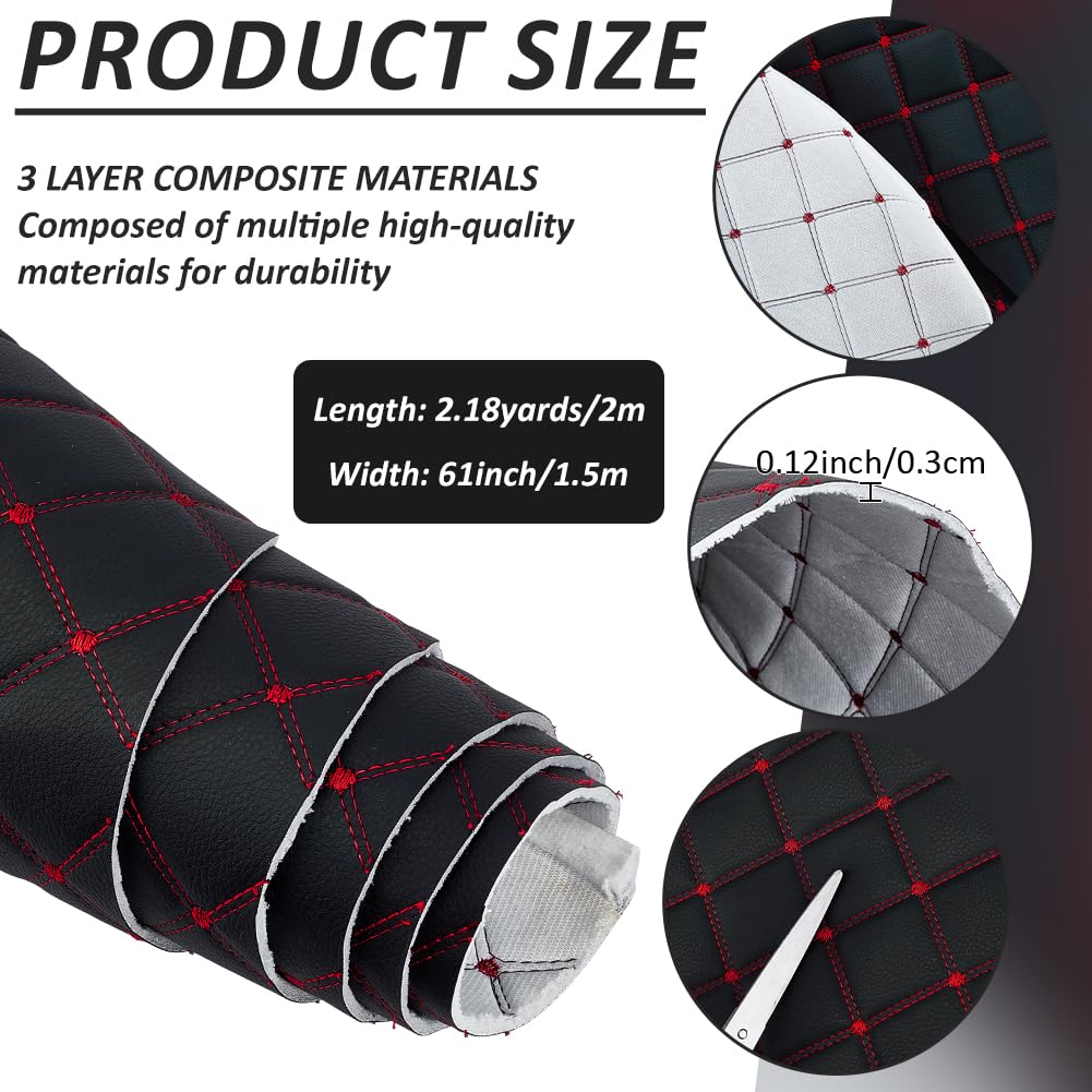 MAYJOYDIY Tissu en Mousse Matelassée de 2 m Similicuir Motif Losanges de 155cm avec Coutures Rouges pour Intérieur de Voiture Meubles et Ameublement (Noir)