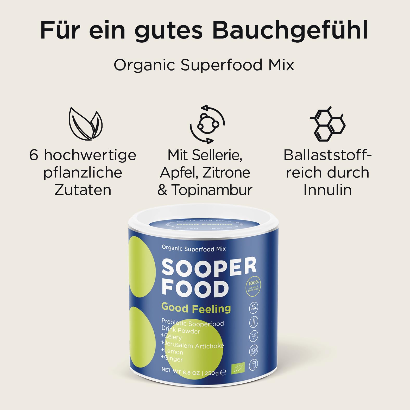 SOOPER FOOD Good Feeling | Veganer Bio Instant-Selleriesaft mit Ingwersaftpulver | Mit Ballaststoffen aus Sellerie, Topinambur & Ingwer | ohne Zusatzstoffe | 50 Portionen | 250g