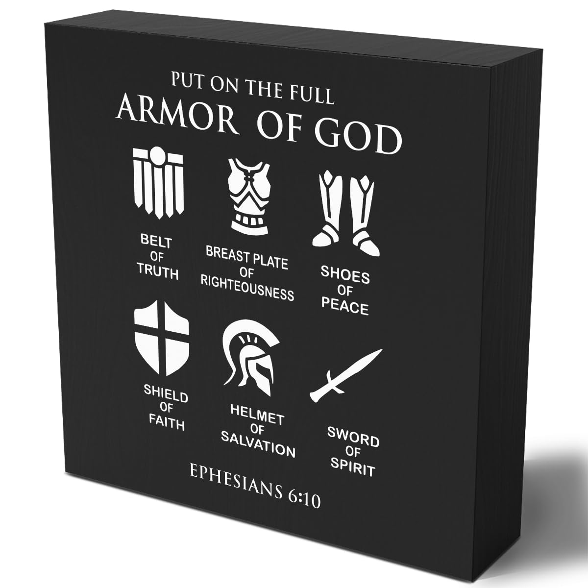 Woght Bible Verse Wooden Box Sign Plaque Put on the Full Armor of God Black Wood Box Sign Rustic Art Home Office Shelf Desk Decor 6 x 6 x 1 Inches