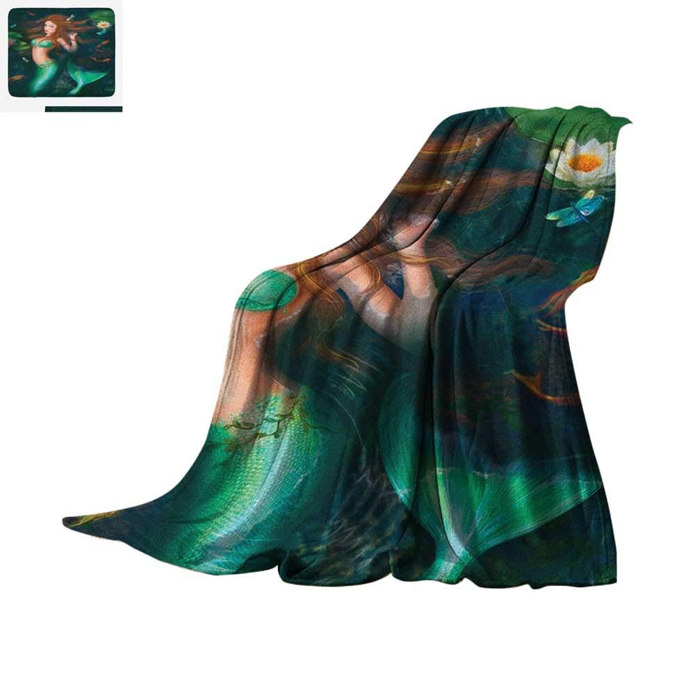 Underwater Warm Microfiber All Season Blanket Fantasy Mermaid in Lake with Lilies Blossom Magical Plants Big Leaves Summer Quilt Comforter 60"x50" Jade Green Brown