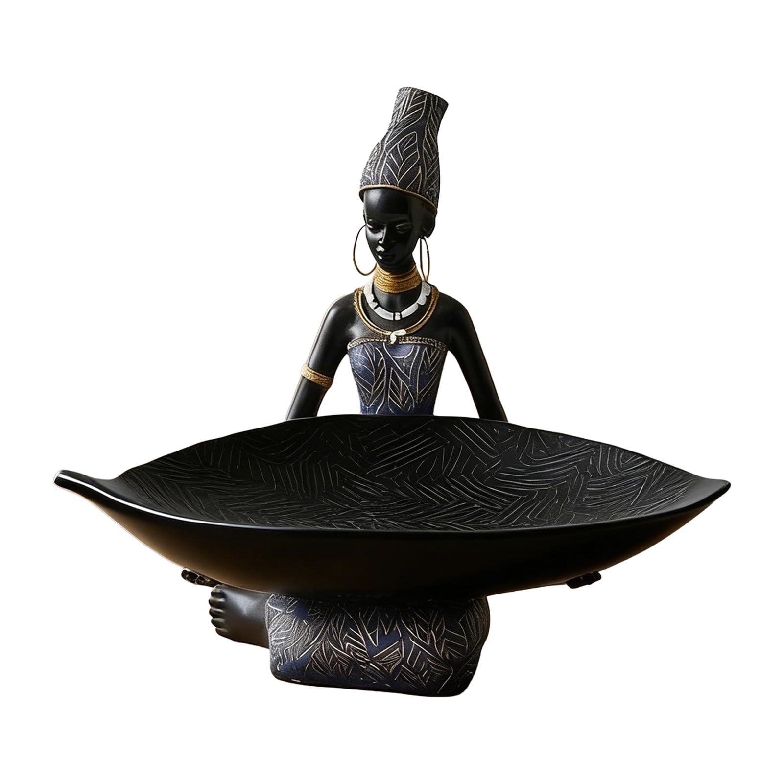 Glifora African Woman Holding Leaf Bowl - Resin Statue Tribal Kneeling Figurine Jewelry Tray, Desktop Decorative Snack Holder for Home Shelf Decor