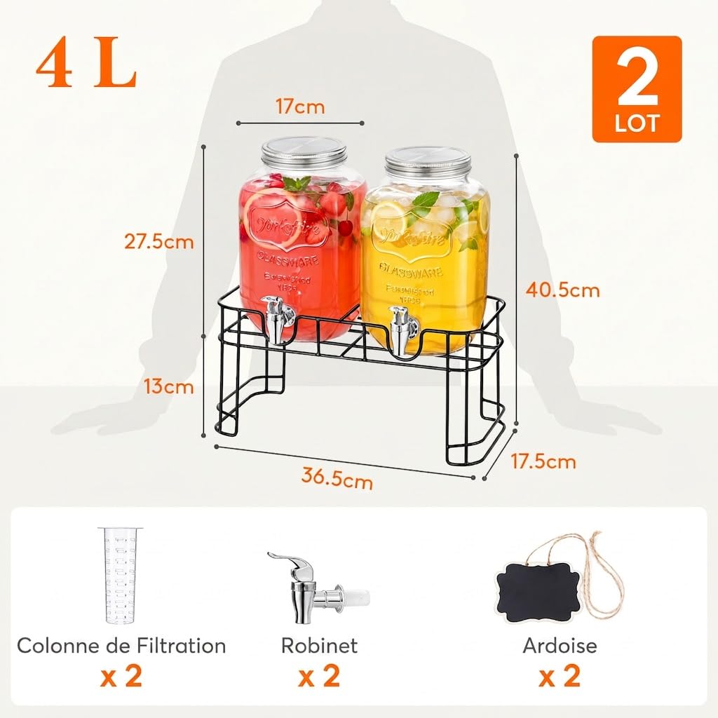 Lifewit Lot de 2 distributeurs de boissons de 4 l en verre avec robinet et support pour bière, limonade, jus, thé, eau, boissons, avec robinet, pour fêtes, buffets, événements, 39 x 16 cm