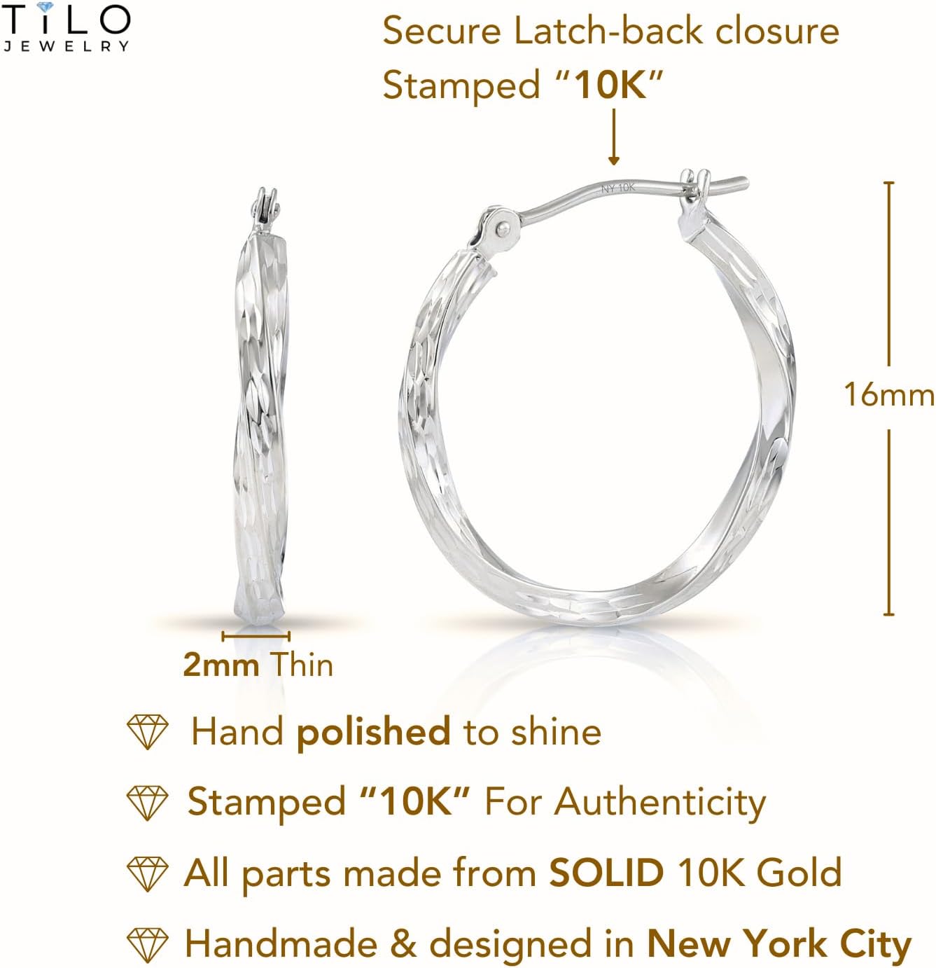 10K White Gold Diamond-Cut Twisted Round Hoop Earrings