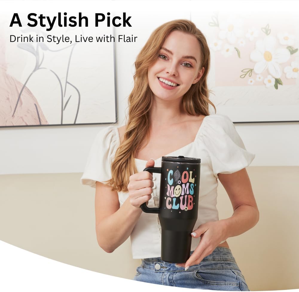 Mothers Day Gifts For Mom 40 oz Insulated Cool Moms Club Tumbler with Foldable Handle & Straw, Mommy Coffee Mug, Mama Tumblers, Funny Birthday Present for Her, Cute Mother’s Day Gift - Image 3