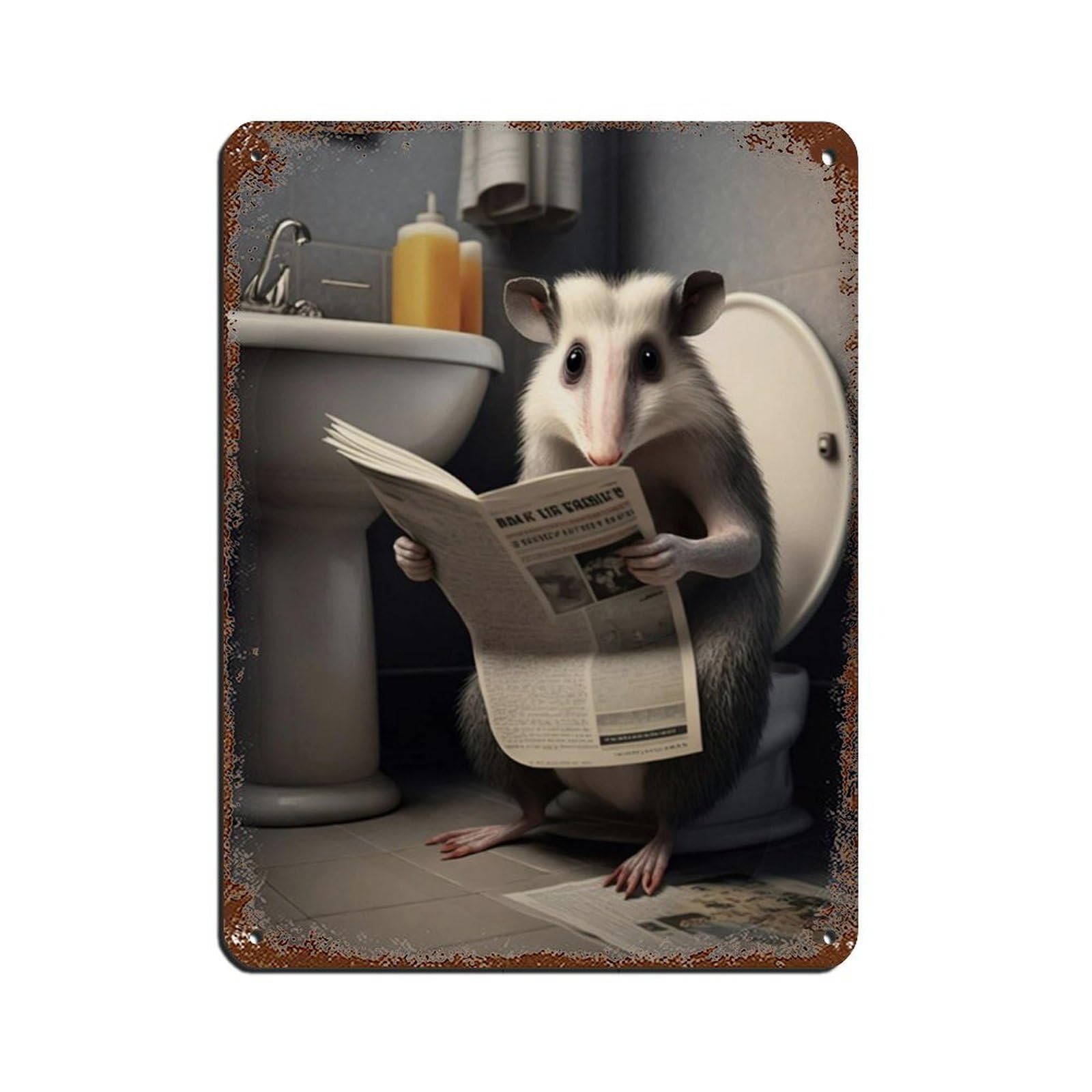 Lxwnze 30L X 40W Cm Opossum Sitting On The Toilet Reading A Newspaper Tin Sign Vintage Metal Pub Club Cafe Bar Home Wall Art Decoration Poster Retro 12X16inch(30X40cm)