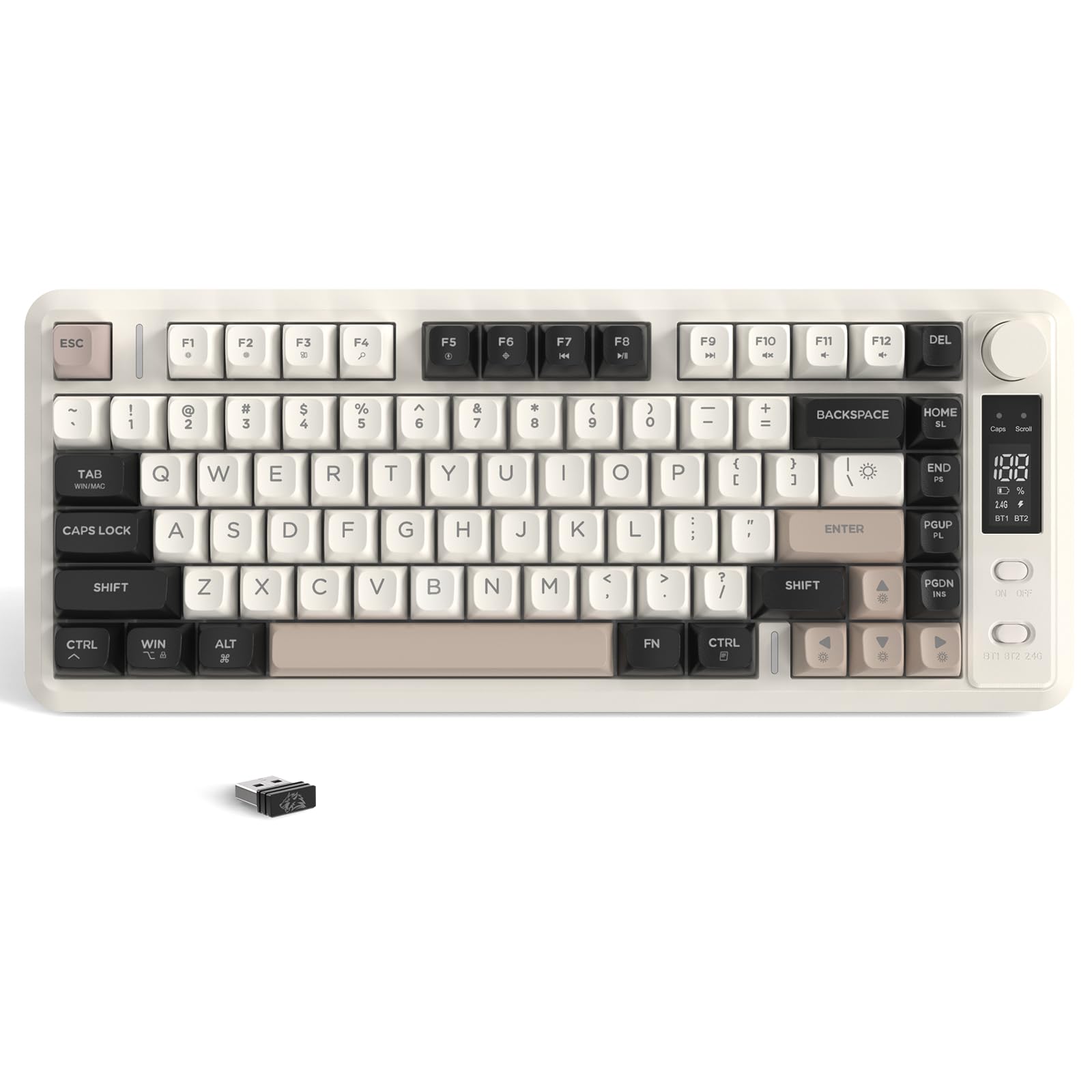 ZIYOU LANG M75 82-Klawiszowa Bezprzewodowa Klawiatura Membranowa,Inteligentny Wyświetlacz i Pokrętło,Tryb Podwójny BT/2,4 GHz,Nakładki na Klawisze PBT,Podświetlenie Tęczowe (Serowy)