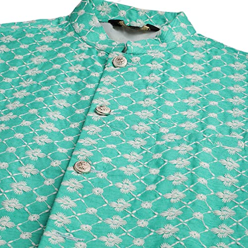 Image of SOJANYA (Since 1958 Men's Silk Blend Light Green Kurta & Nehrujacket with White Pyjama Combo