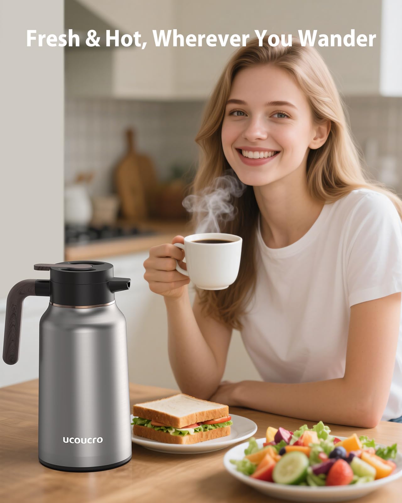 Jarra térmica de café de 70 onzas, jarra de acero inoxidable para líquidos calientes, dispensador de café aislado para mantener bebidas calientes/frías, café, té, agua, dispensador de bebidas para