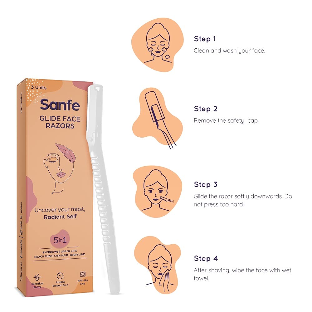 Sanfe Glide Reusable Face & Eyebrow Razor For Women | For Safe & Painfree Facial Hair Removal - Pack of 1 (3pcs) | Razor for Face, Eyebrows, Upper Lips, Chin, Side Locks, Forehead | For Soft Hair 2