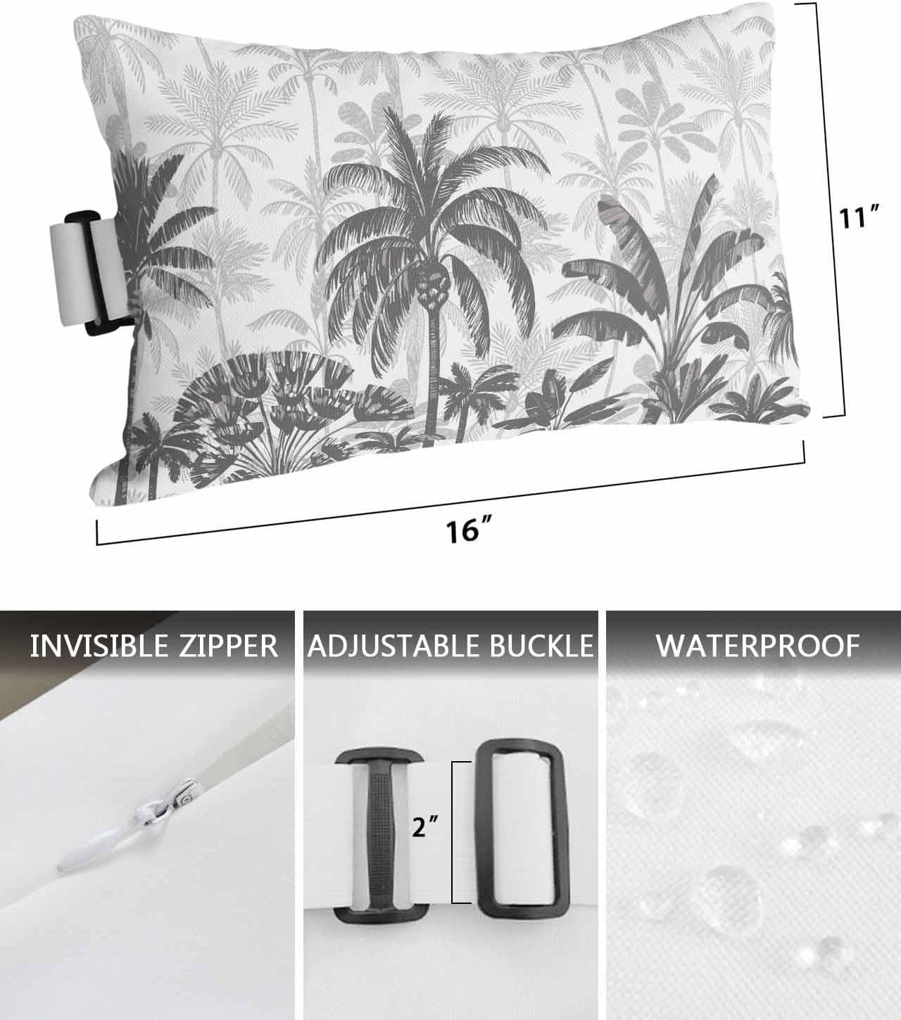 Pack of 2 Outdoor Lumbar Pillow Covers 11x16 Inch, Palm Trees Waterproof Throw Pillow Covers Set, Black Grey Tropical Plants Summer Forest Indoor&Outdoor Decorative Cushion Cases for Patio Porch Beach