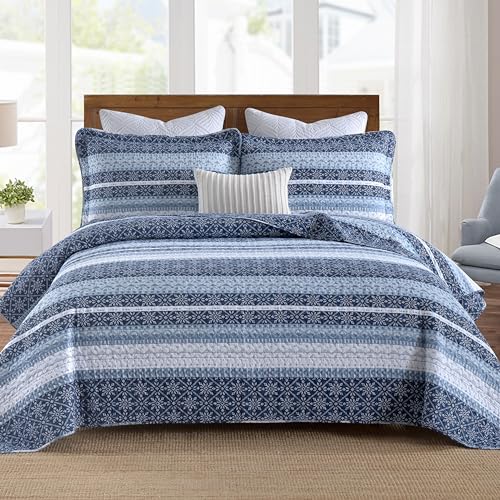 Image of Homzard Quilt King Size,Blue White Snowflake Striped Quilt Bedding Set, Cotton Boho Gemetic Comforter Set, Lightweight Comforter King Size (106 * 98 Inches) with 2 Pillow Shams