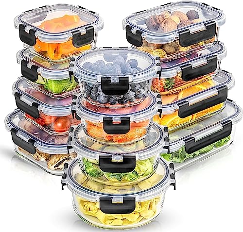 UVwey 24pc Glass Storage Containers with Lids(12 Airtight Freezer Safe Food Storage Containers and 12 Lids) Pantry Kitchen Storage Containers Glass Meal Prep Container for Lunch