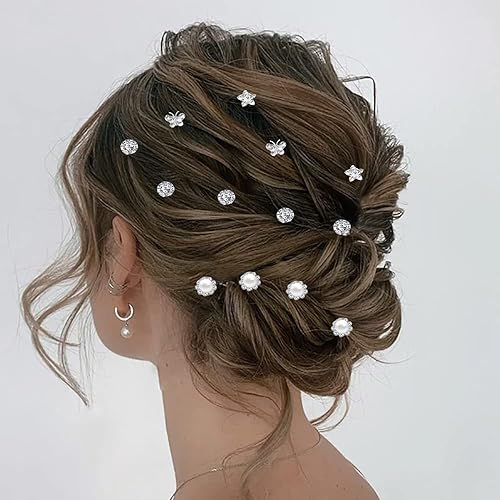 Miniatura 9 de Juego de 60 piezas de aretes para el cabello con diamantes de imitación en espiral, perlas y flores, palitos para bodas, novias, bailes, fiestas y