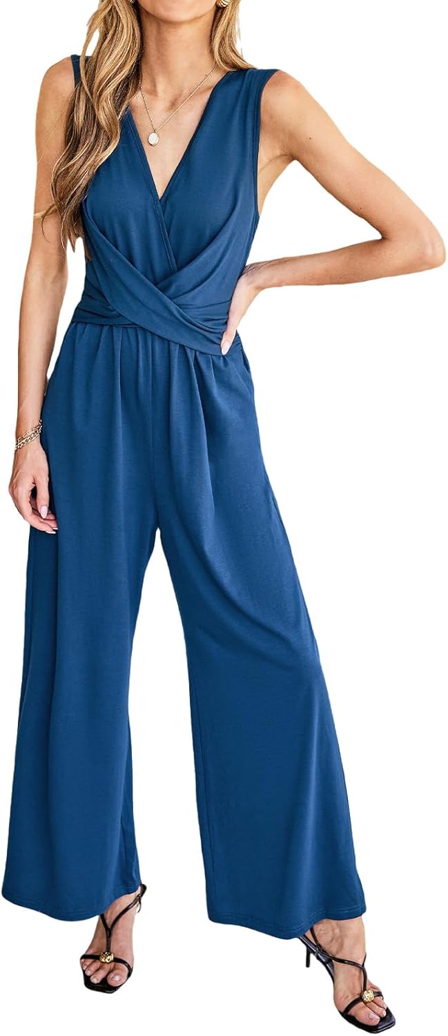 CUPSHE Women's Sleeveless Jumpsuits Dressy One Piece V Neck Twist Front Wide Leg Long Pants Jumpsuit