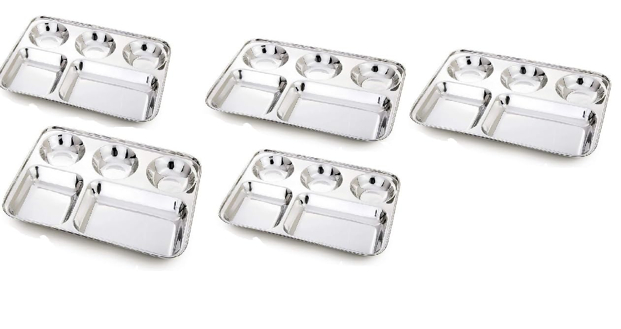 Lot de 5 assiettes à compartiments en acier inoxydable 5 en 1 Bhojan Thali - Ustensiles de cuisine multi-usages