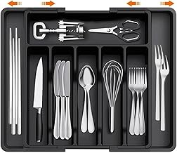Cutlery Organizer, Cutlery Tray Adjustable in Width from 34 to 57 cm, Cutlery Tray for Drawer, 8 Compartments, Plastic Cutlery Organizer for Spoons, Forks and Knives