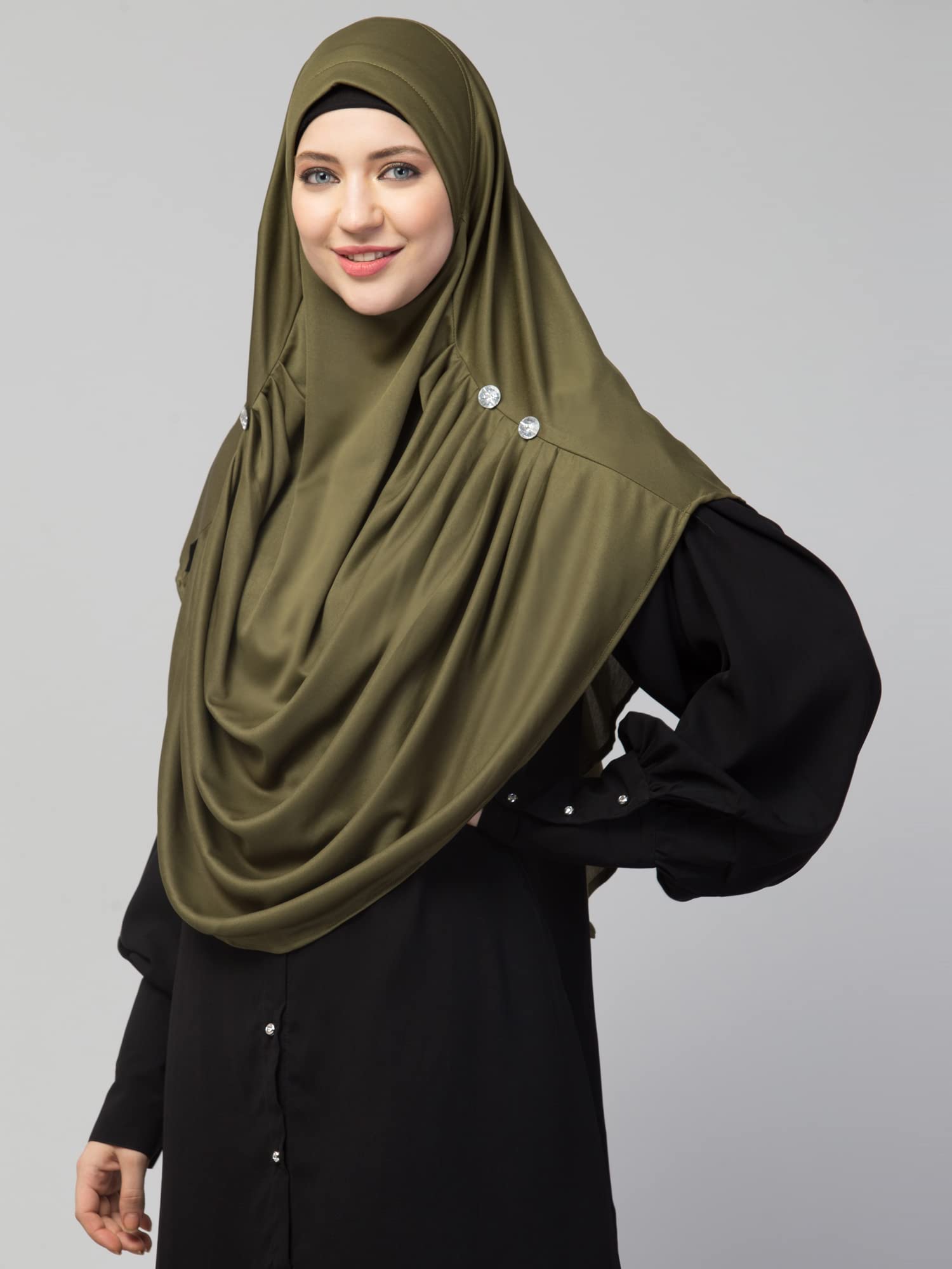 NAZNEEN Front Gather & Pleated with Cristal Stone Ready to wear Prayer Hijab (Olive Pleated Hijab) 1