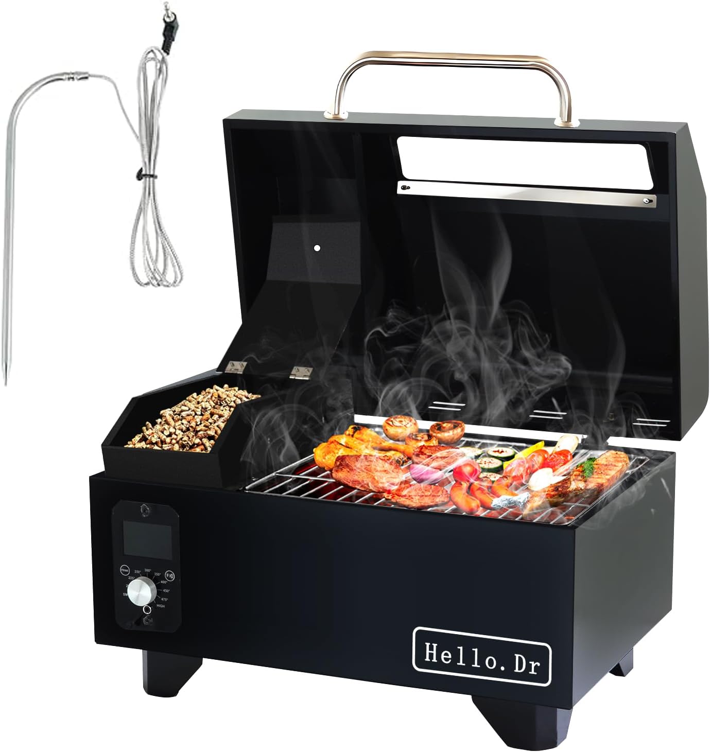 Portable Wood Pellet Grills 900ยฐF๏ผSmoker with Viewing Window โ 8-in-1 BBQ, Digital Control, LED Screen, Temperature Control, Meat Probe๏ผBake and Roast, Ideal for Camping, RV, Beach Backyard