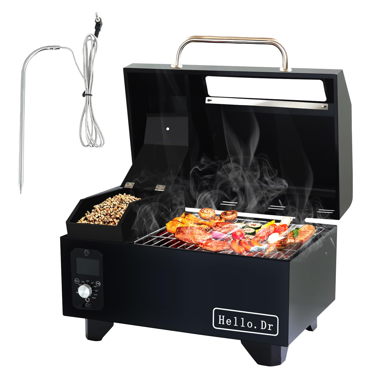 Portable Wood Pellet Grills 900°F，Smoker with Viewing Window – 8-in-1 BBQ, Digital Control, LED Screen, Temperature Control, Meat Probe，Bake and Roast, Ideal for Camping, RV, Beach Backyard
