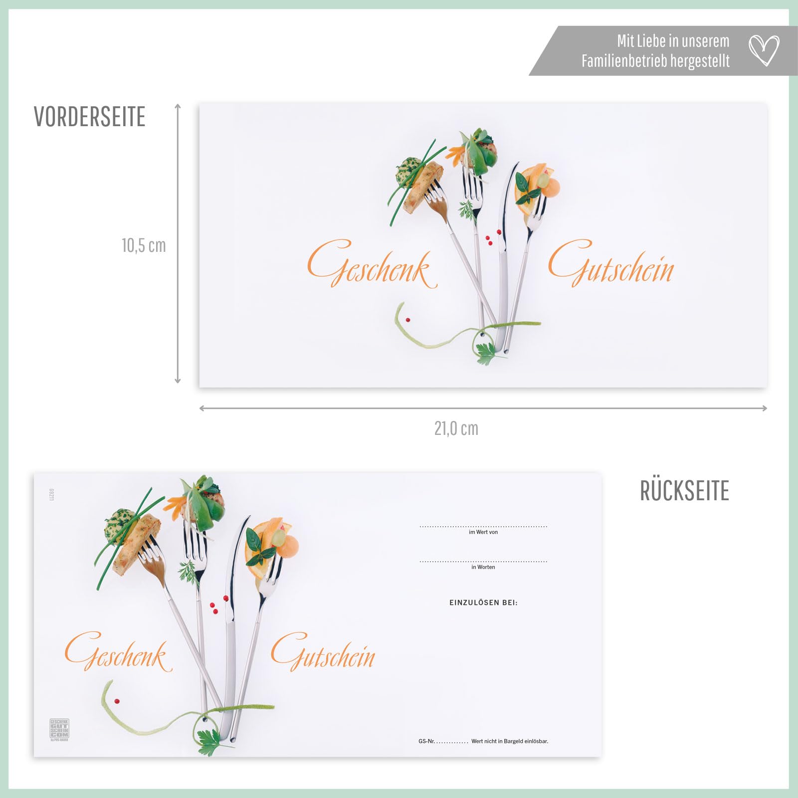GESCHENKGUTSCHEINcom - 100 Blanko Gutscheine mit Kuvert & Schleife - Formulare mit Vordruck für Restaurant Gastronomie Unternehmen G92112-100-V1