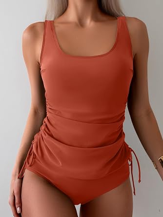 B2prity Women's Tankini Swimsuit Tummy Control Wide Strap Side Cinch Drawstring Two Piece Bathing Suit